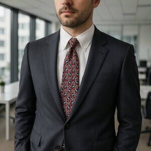 Brook Craft Understated Elegance 100% Silk Maroon & Blue Geometric Suit Necktie